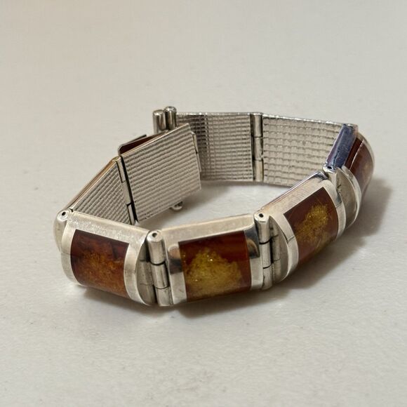 Vintage Heavy Baltic Amber Signed Size 7.5 Inches Sterling Box Bracelet - Picture 4 of 7